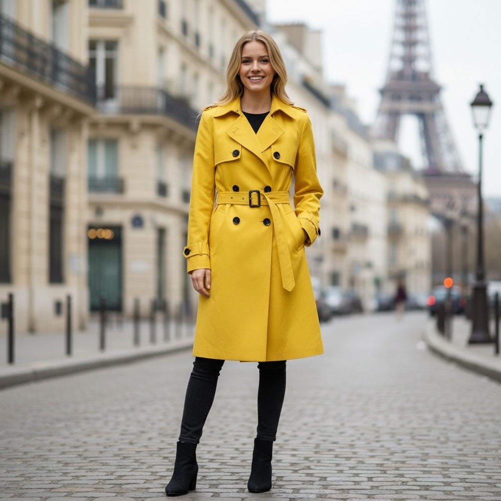 New York & Company Yellow Double-Breasted Trench Coat with Belt